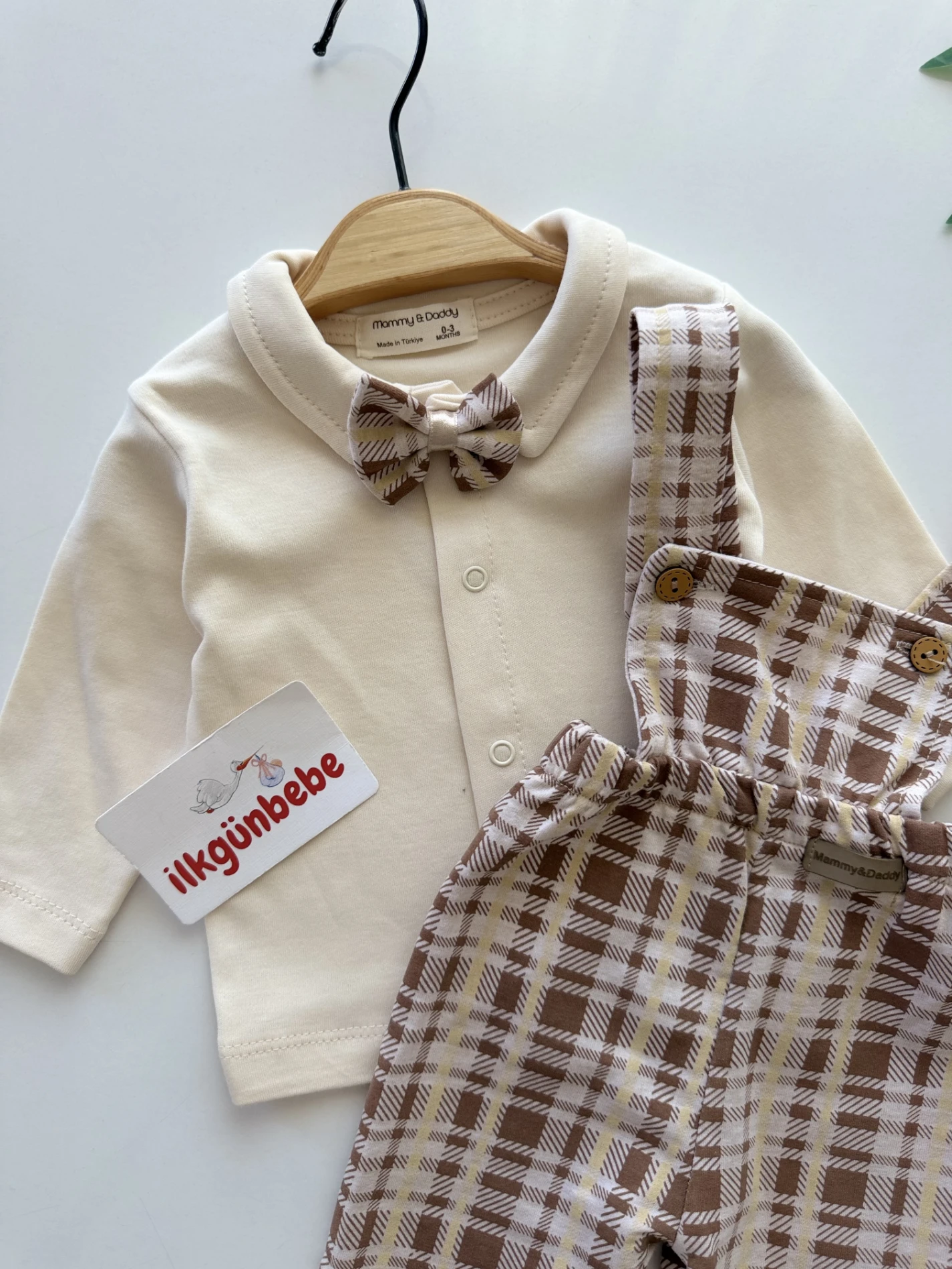 Kareli %100 Pamuk Body Salopet Set