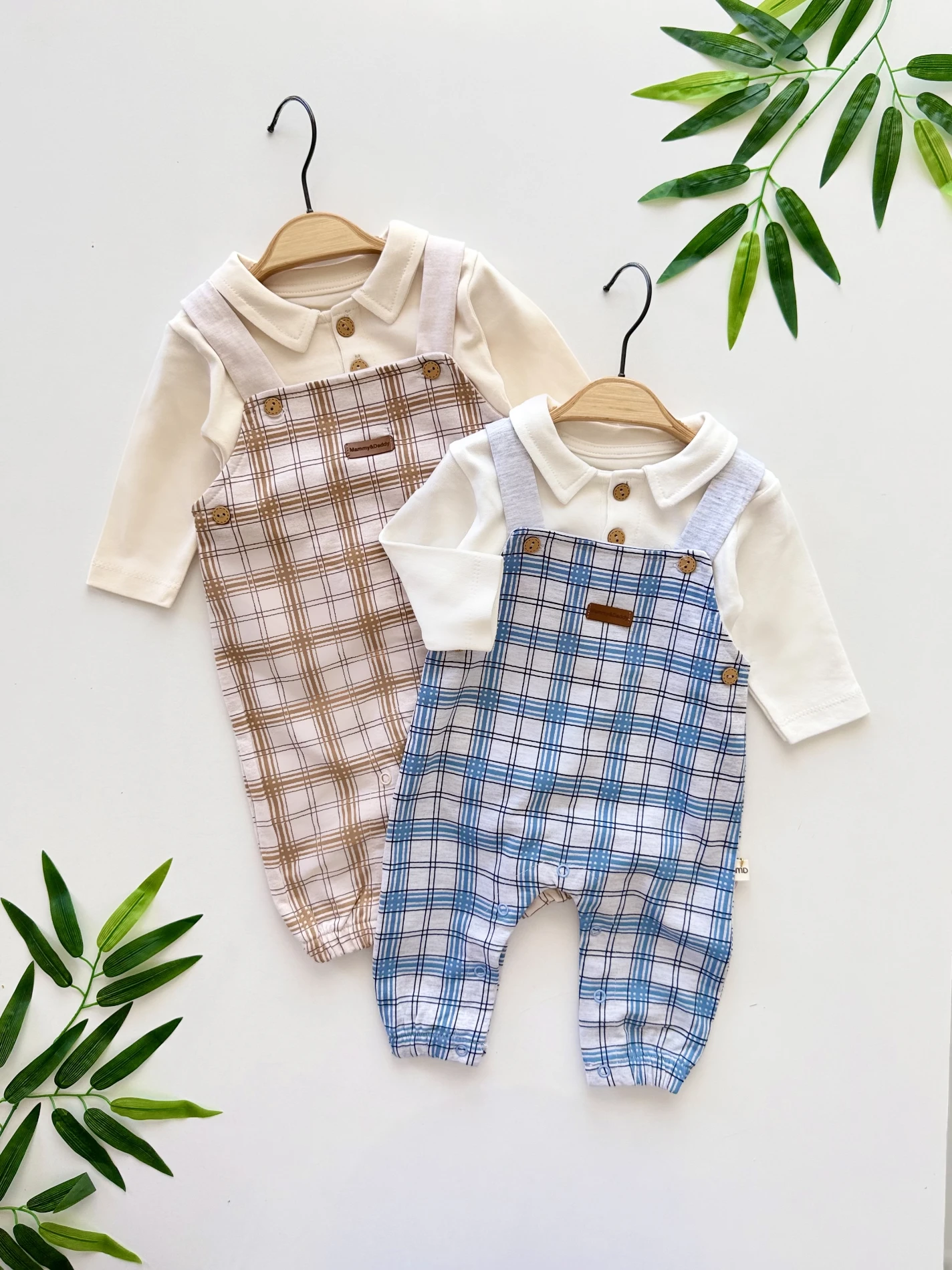 Kareli %100 Pamuk Body Salopet Set