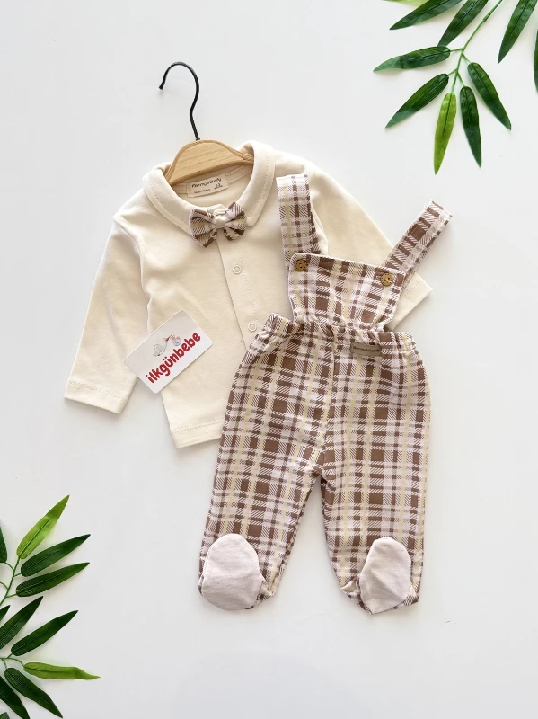 Kareli %100 Pamuk Body Salopet Set
