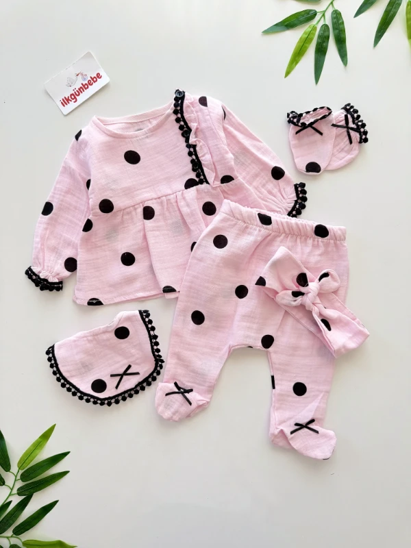 Puantiyeli  %100 Pamuk Yumuşacık Premium  5 Parça Set