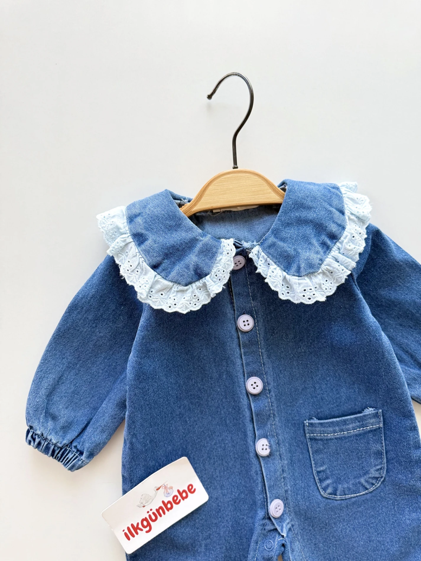 Fisto Yaka Likralı Denim Kot Tulum