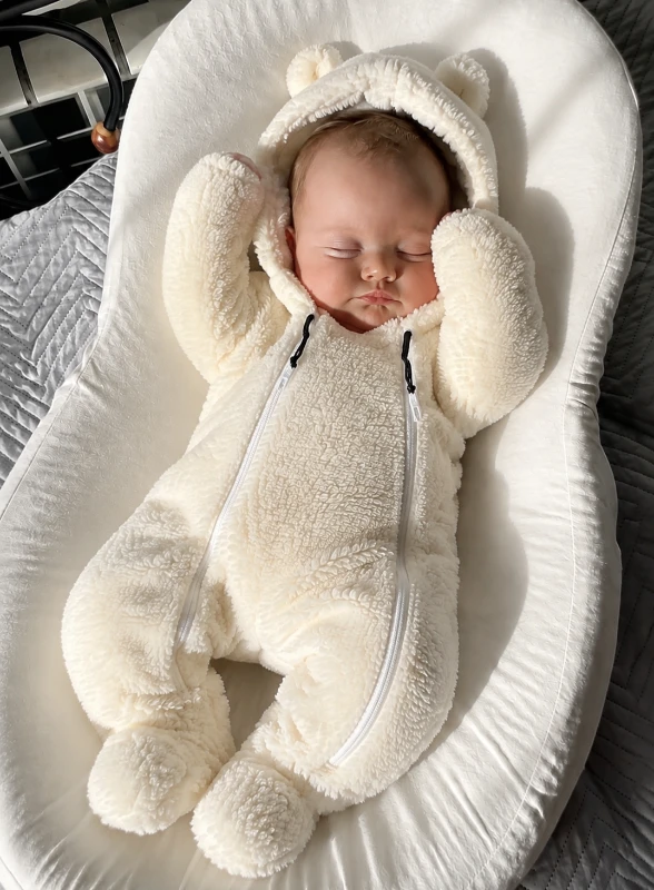 Alice Kuzu Peluş Kulaklı Çift Fermuarlı Tulum BEYAZ