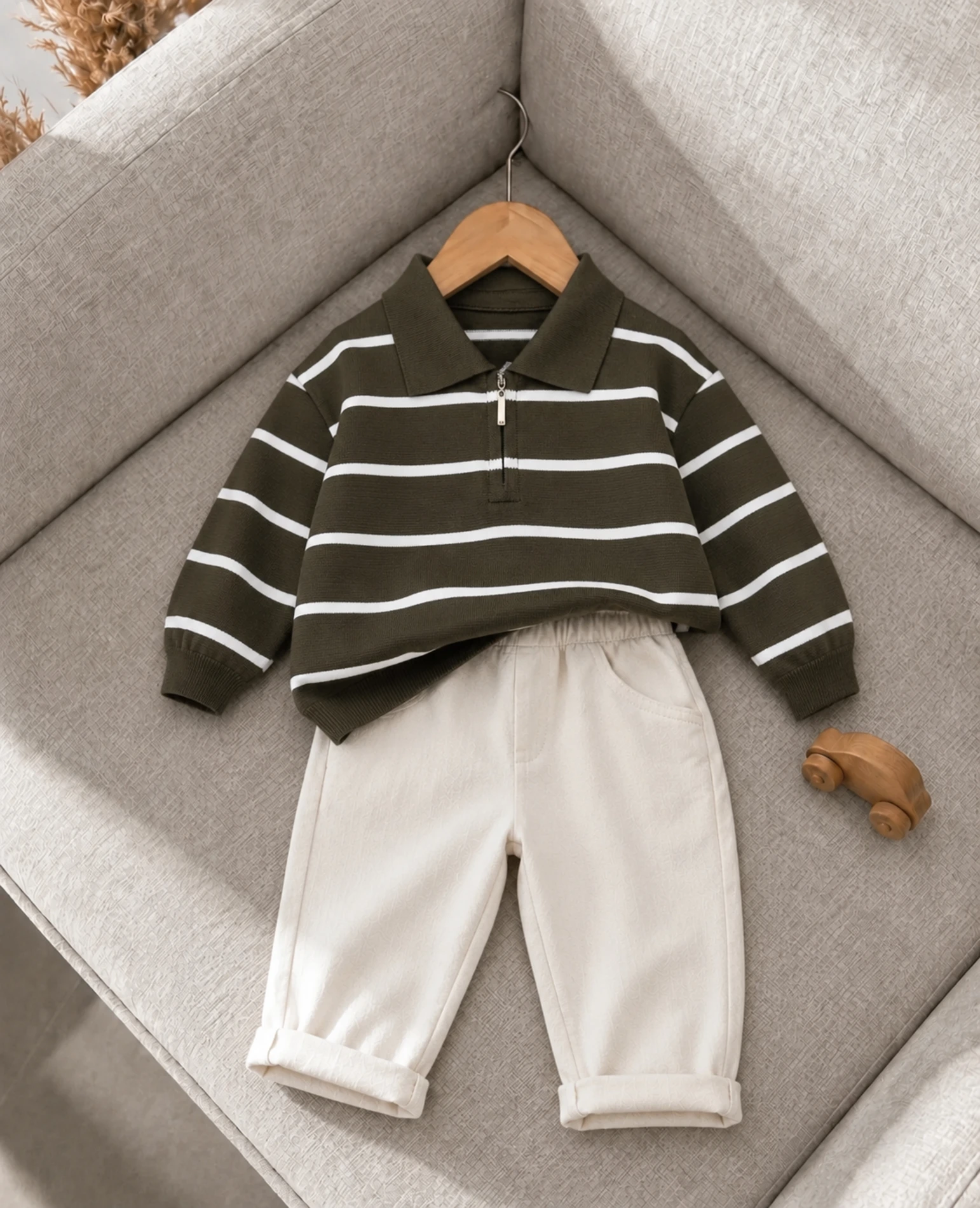 Classic Boy Polo Yaka Keten Pantalonlu Çizgili Triko Kazaklı Takım 