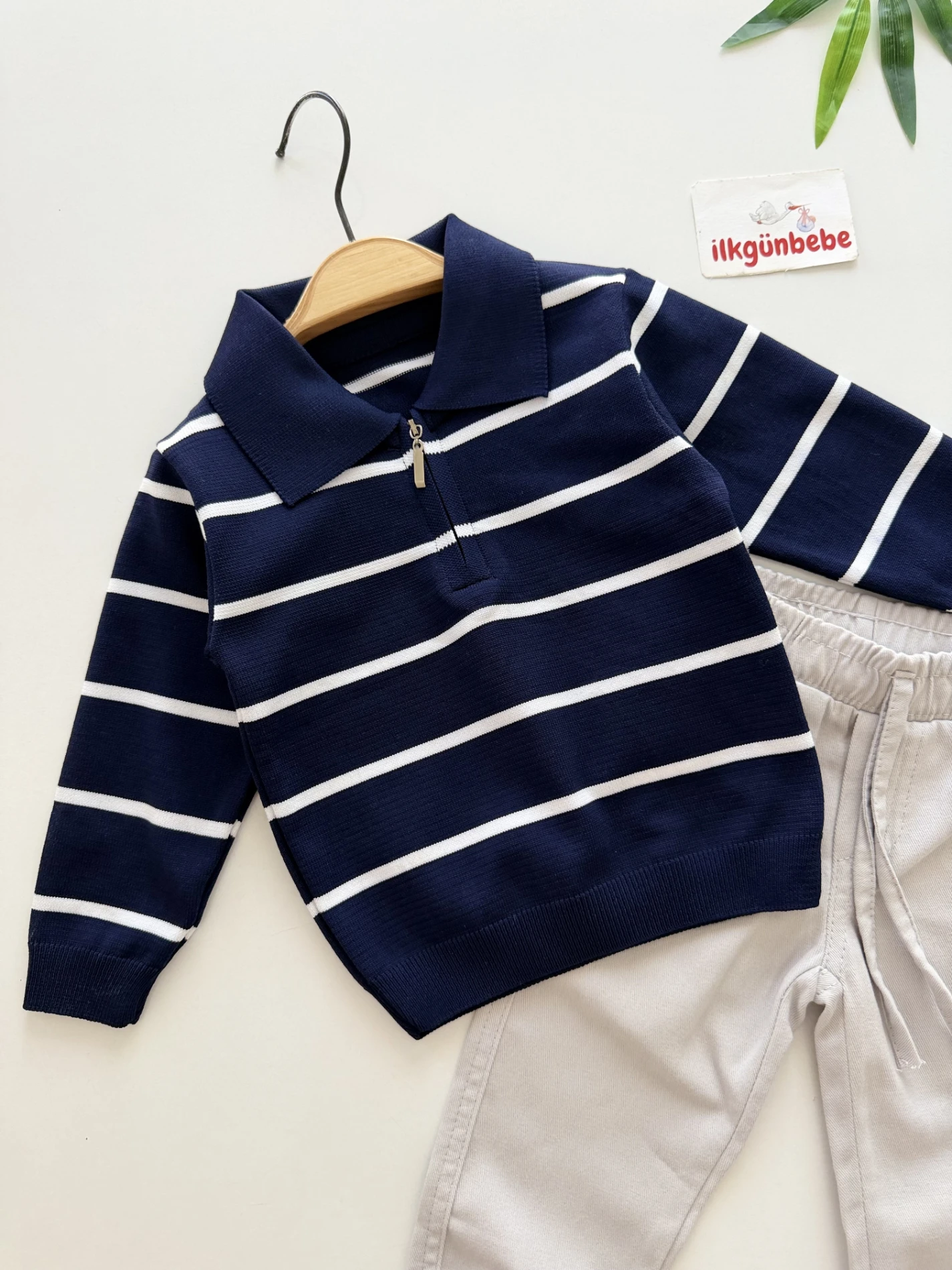 Classic Boy Polo Yaka Keten Pantalonlu Çizgili Triko Kazaklı Takım 