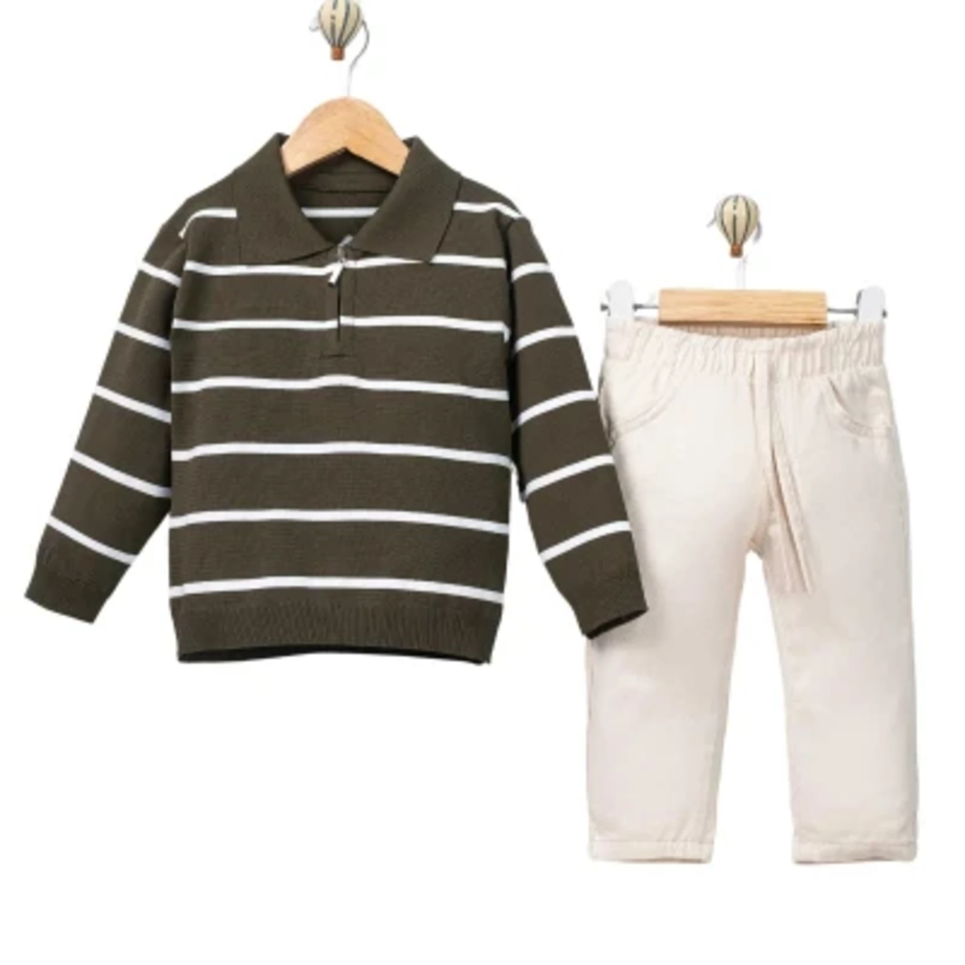 Classic Boy Polo Yaka Keten Pantalonlu Çizgili Triko Kazaklı Takım 