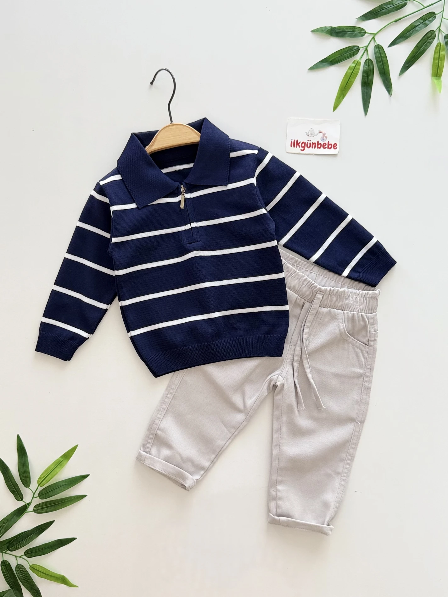 Classic Boy Polo Yaka Keten Pantalonlu Çizgili Triko Kazaklı Takım 