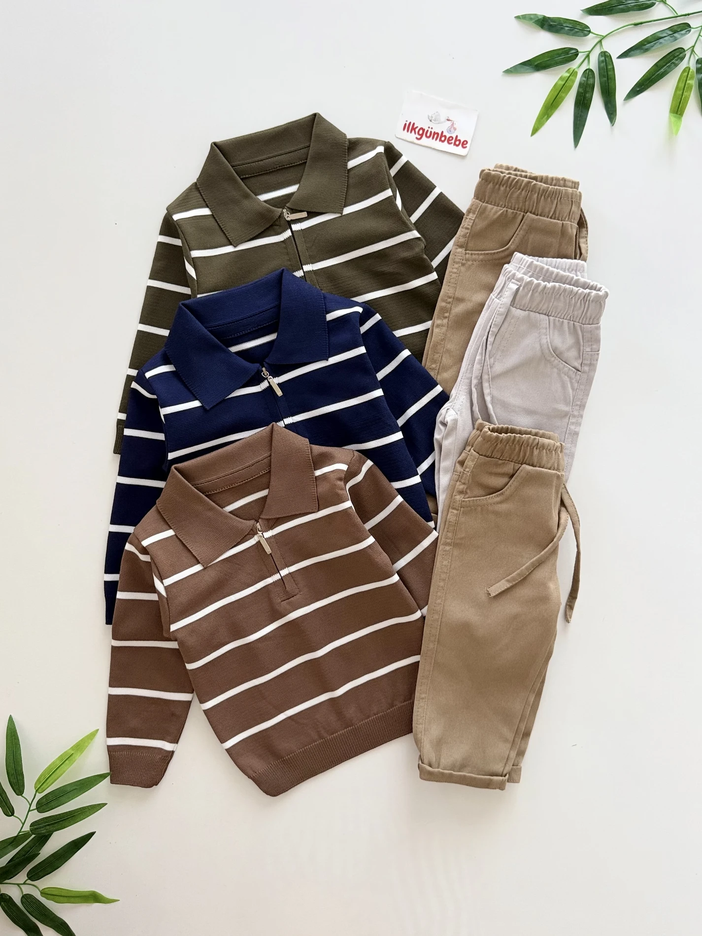 Classic Boy Polo Yaka Keten Pantalonlu Çizgili Triko Kazaklı Takım 