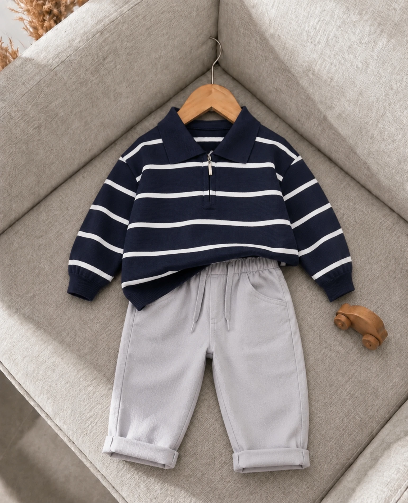 Classic Boy Polo Yaka Keten Pantalonlu Çizgili Triko Kazaklı Takım 