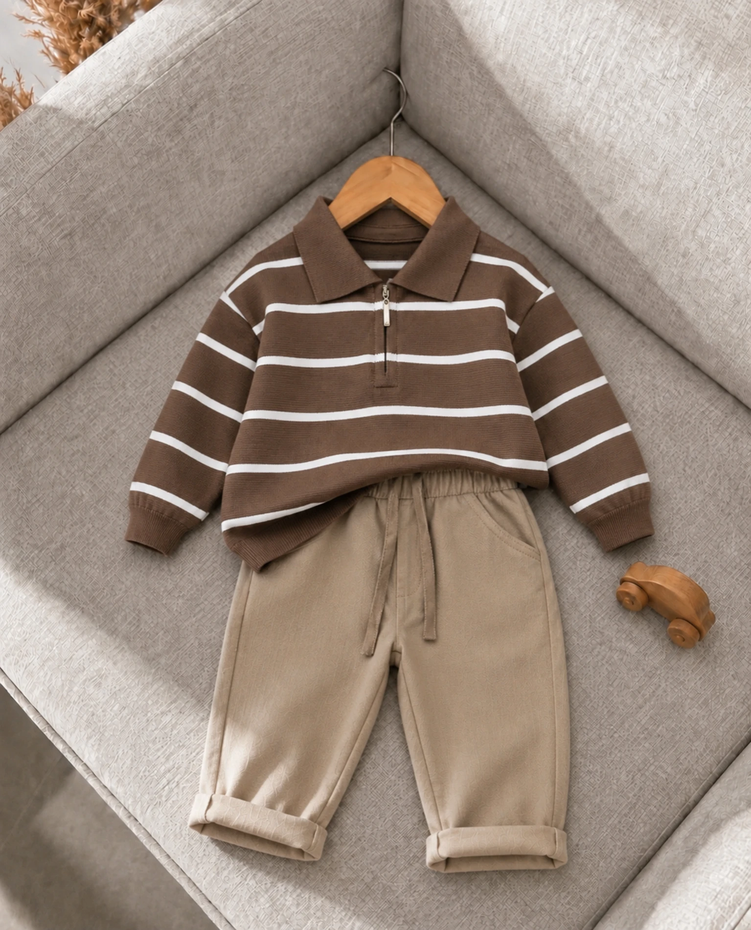 Classic Boy Polo Yaka Keten Pantalonlu Çizgili Triko Kazaklı Takım 