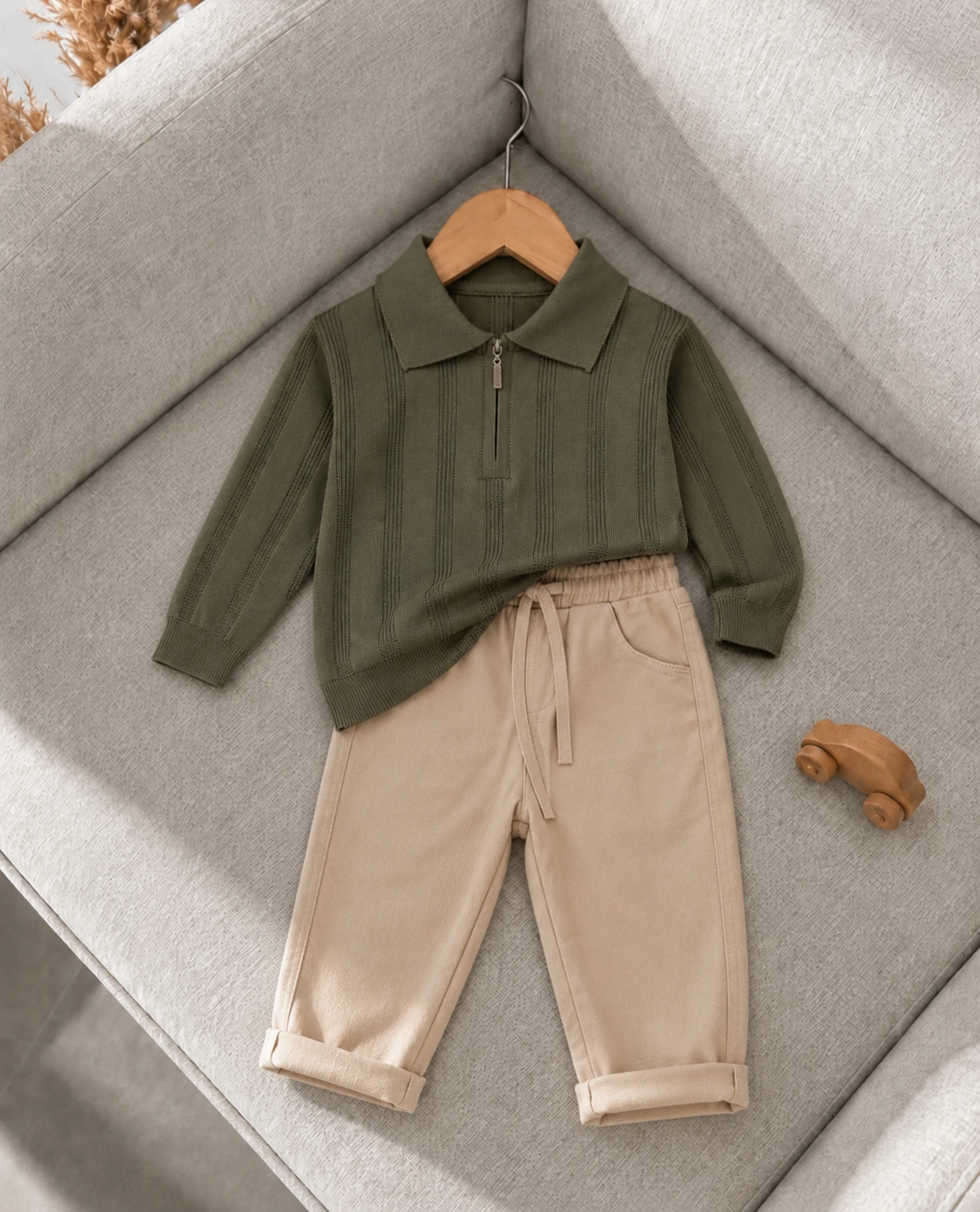 Classic Boy Polo Yaka Keten Pantalonlu Triko Kazaklı Takım 