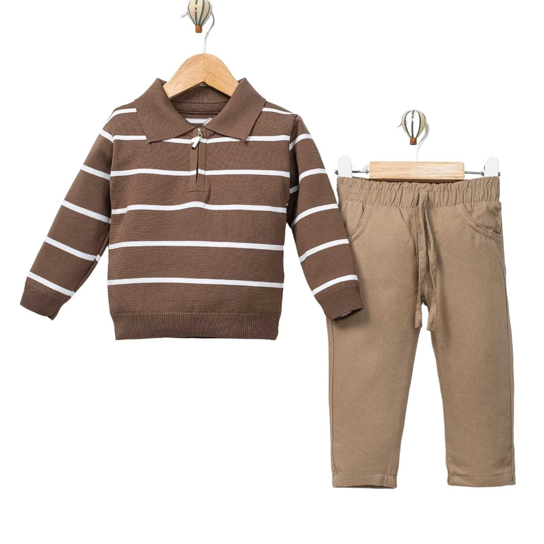 Classic Boy Polo Yaka Keten Pantalonlu Çizgili Triko Kazaklı Takım 