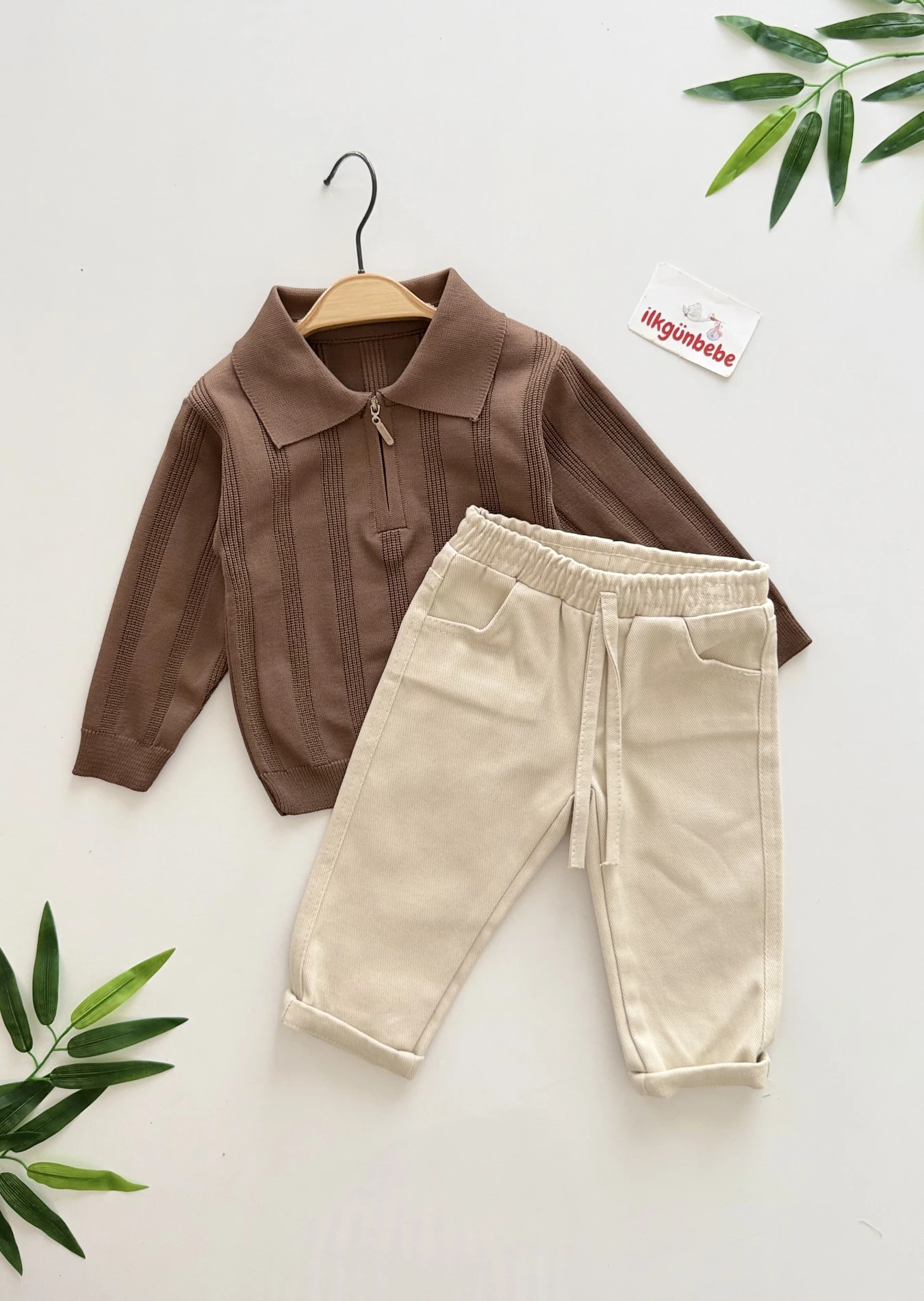 Classic Boy Polo Yaka Keten Pantalonlu Triko Kazaklı Takım 