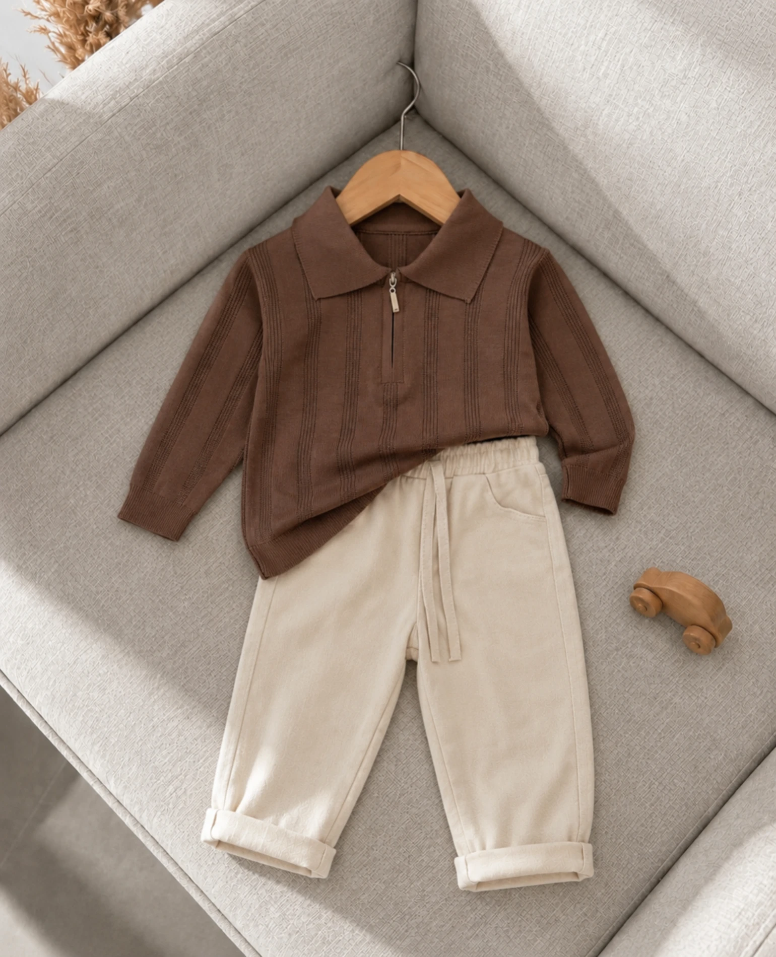 Classic Boy Polo Yaka Keten Pantalonlu Triko Kazaklı Takım 