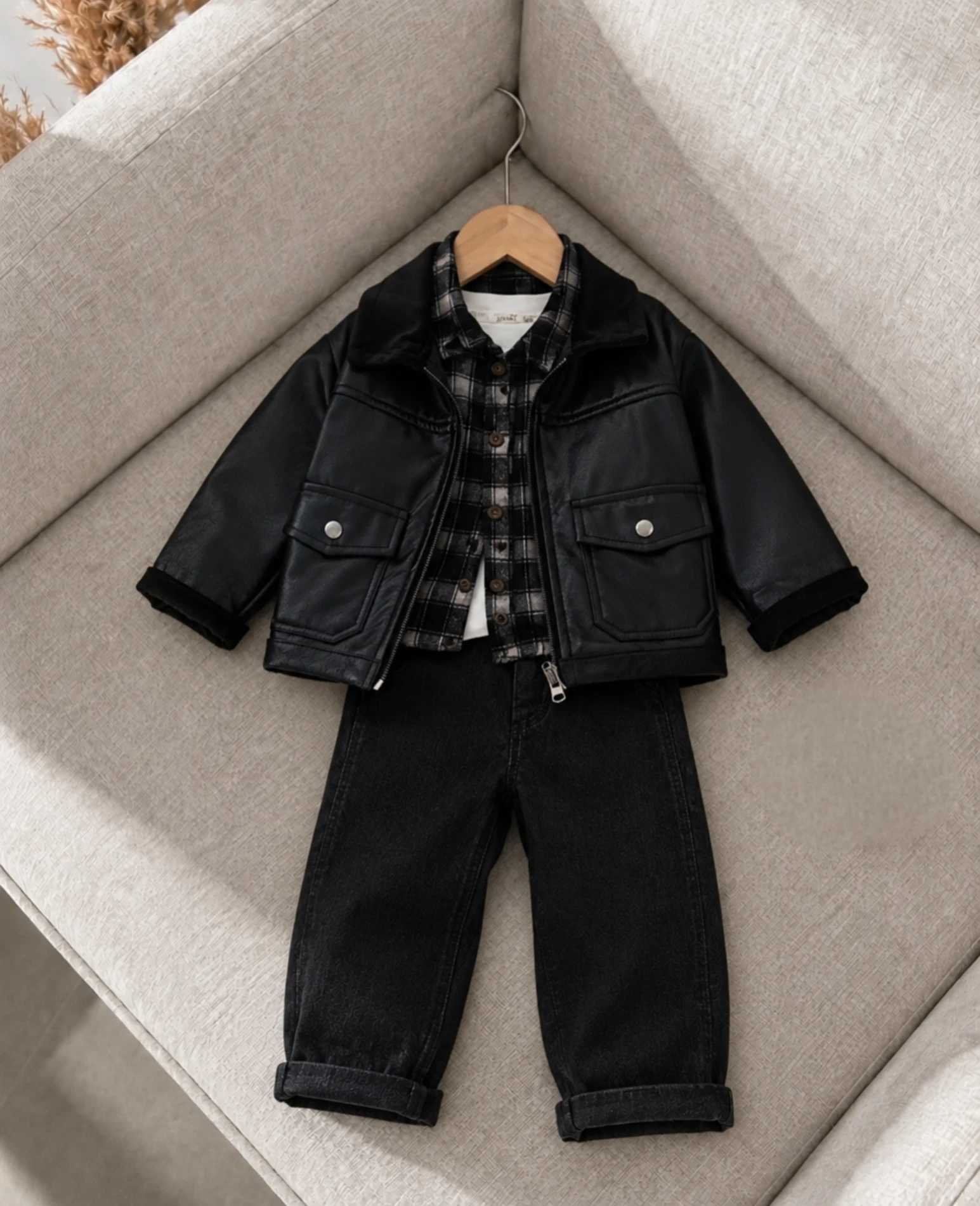 İçi Kadife Deri Ceketli Premium Kalite Oduncu Gömlekli Kot Pantalonlu Bodyli Takım
