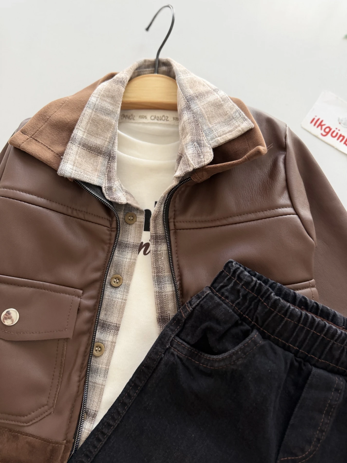 İçi Kadife Deri Ceketli Premium Kalite Oduncu Gömlekli Kot Pantalonlu Bodyli Takım