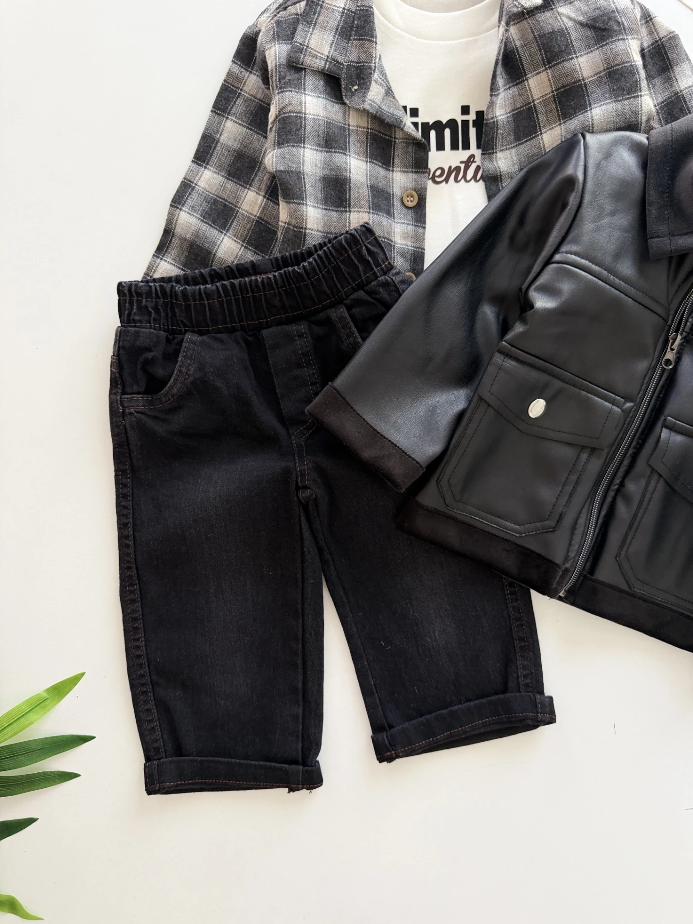 İçi Kadife Deri Ceketli Premium Kalite Oduncu Gömlekli Kot Pantalonlu Bodyli Takım