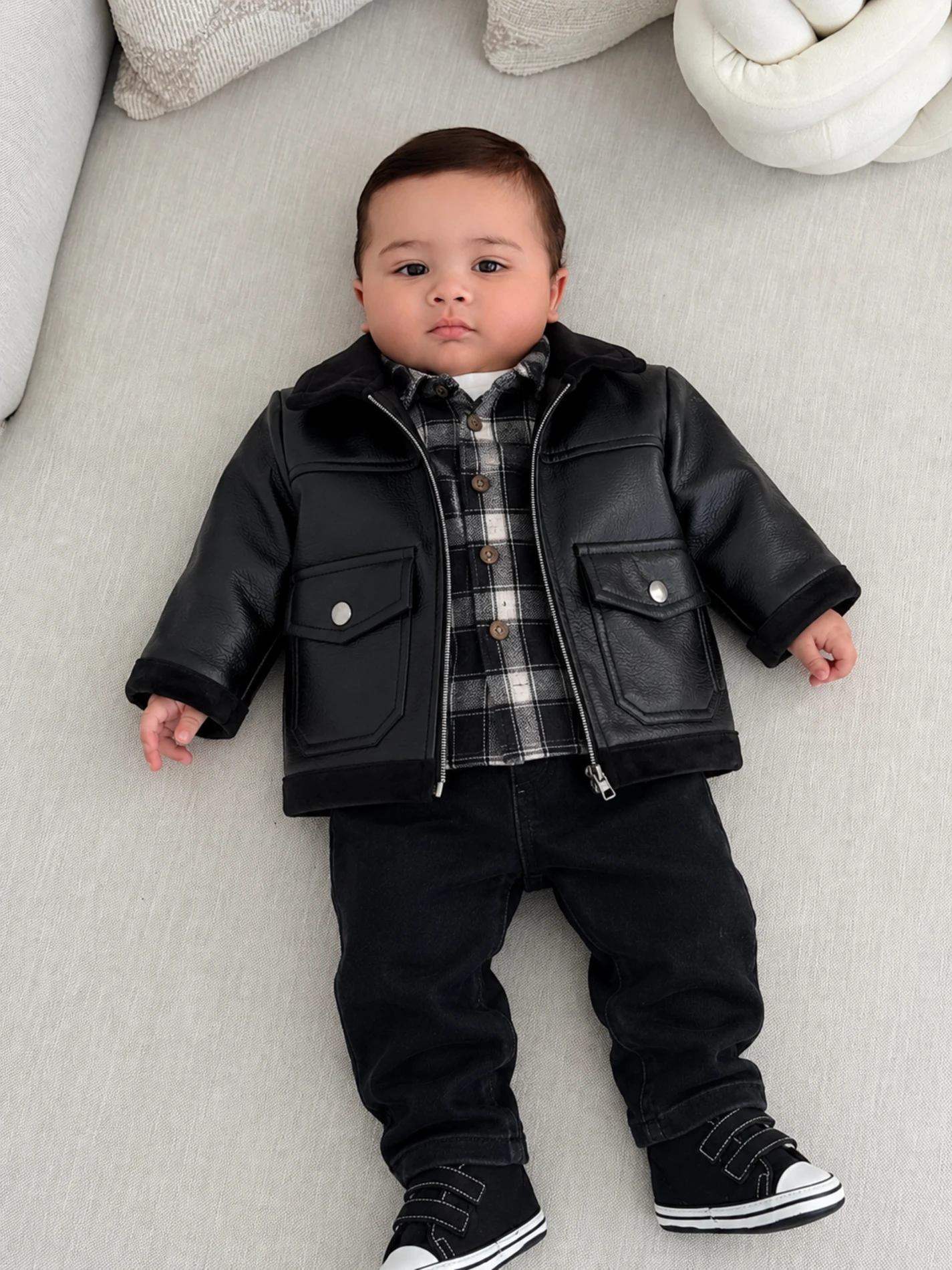 İçi Kadife Deri Ceketli Premium Kalite Oduncu Gömlekli Kot Pantalonlu Bodyli Takım