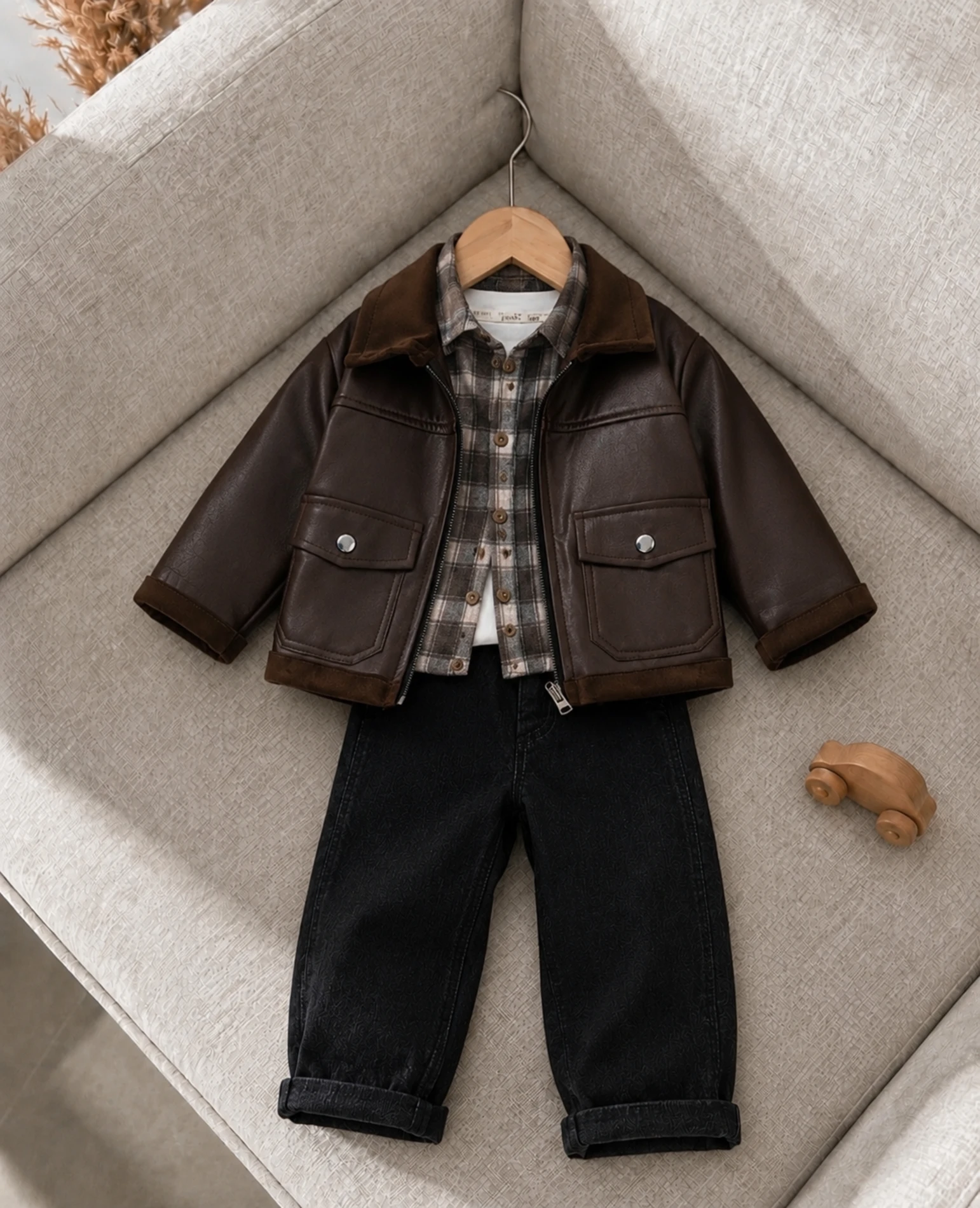 İçi Kadife Deri Ceketli Premium Kalite Oduncu Gömlekli Kot Pantalonlu Bodyli Takım