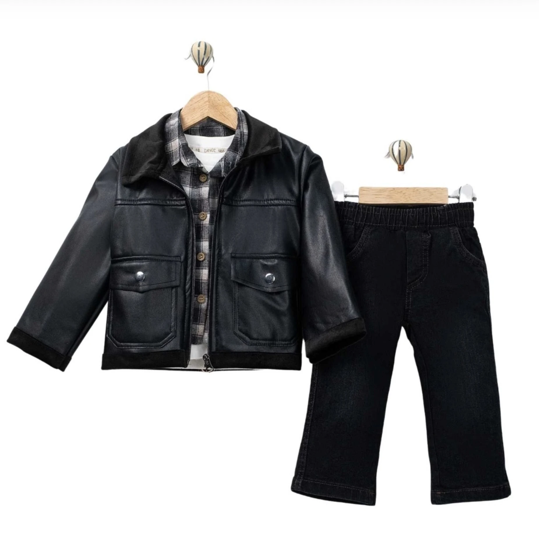 İçi Kadife Deri Ceketli Premium Kalite Oduncu Gömlekli Kot Pantalonlu Bodyli Takım