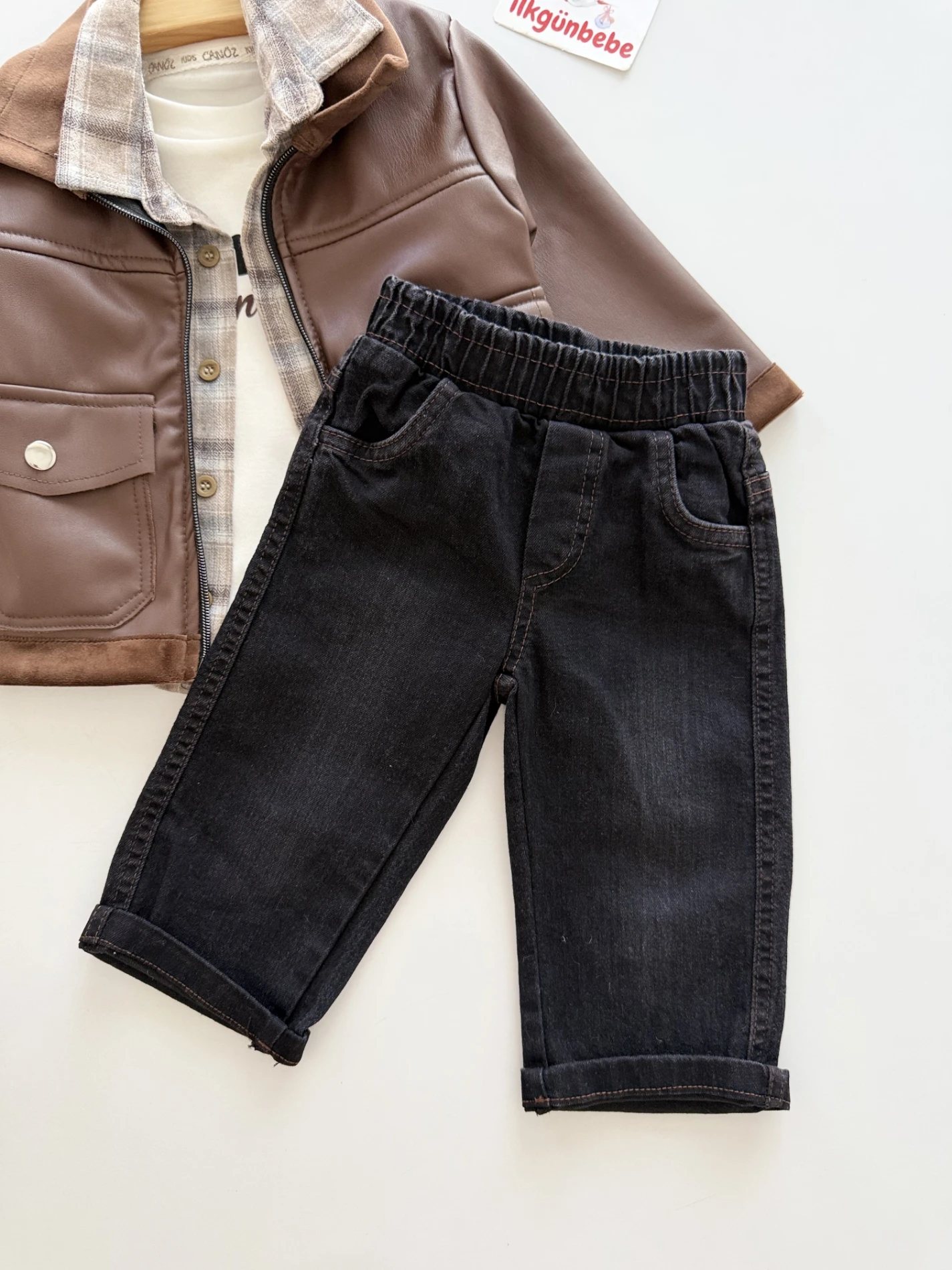 İçi Kadife Deri Ceketli Premium Kalite Oduncu Gömlekli Kot Pantalonlu Bodyli Takım