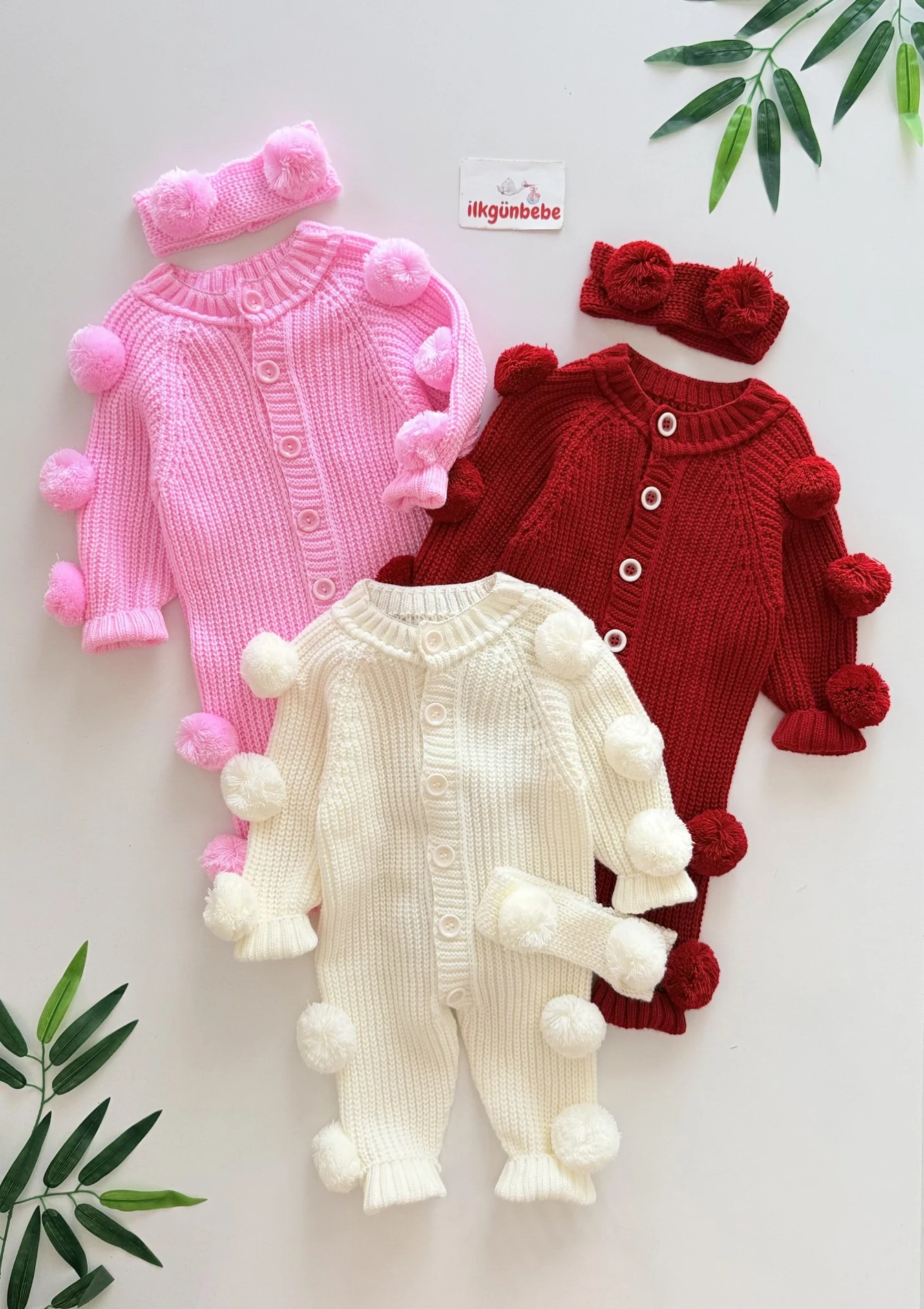 Ponponlu Selanik Örgüsü Triko Premium Tulum & Bandana Set