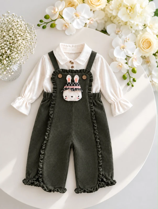 Cute Rabbit Keten Gömlek Kadife Salopet Mevsimlik 2’li Takım