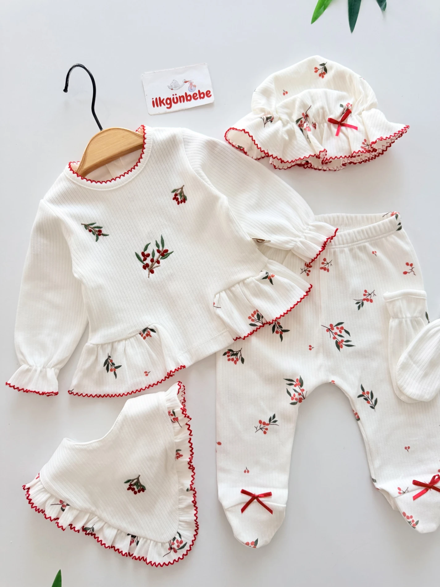 %100 Pamuk Kokina Nakış 5 Parça Yenidoğan Set