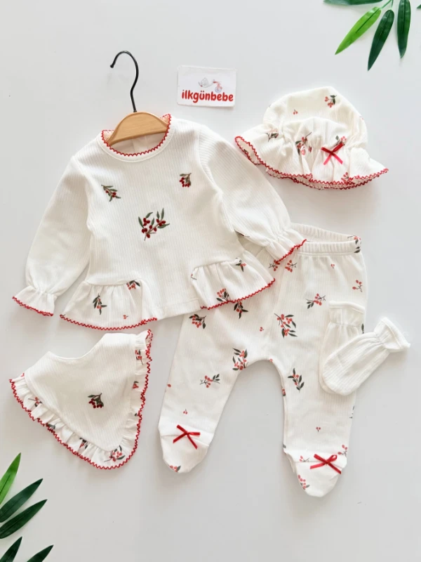 %100 Pamuk Kokina Nakış 5 Parça Yenidoğan Set