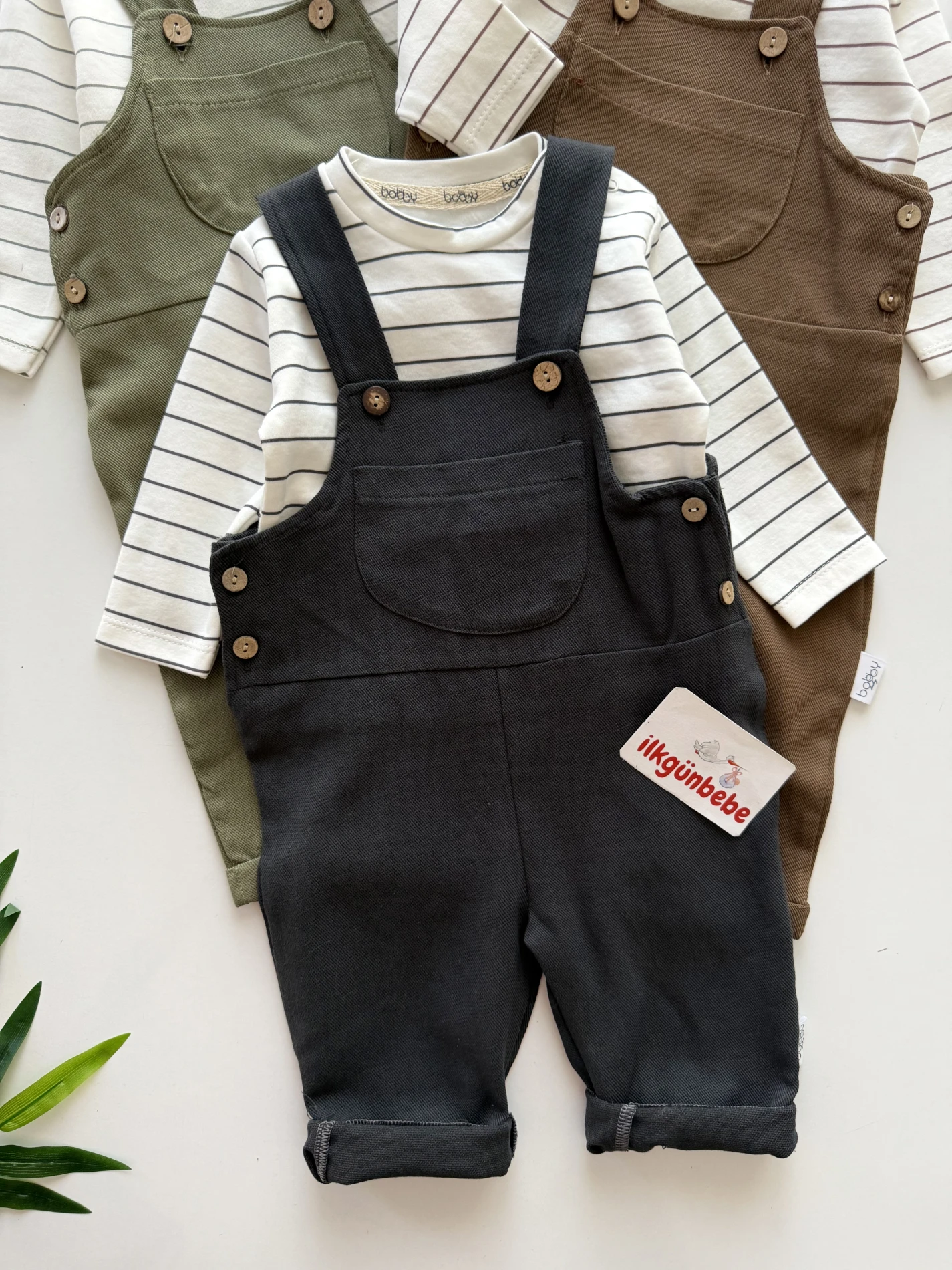 Çizgili Kalın Bodyli Salopetli  Premium 2’li Takım