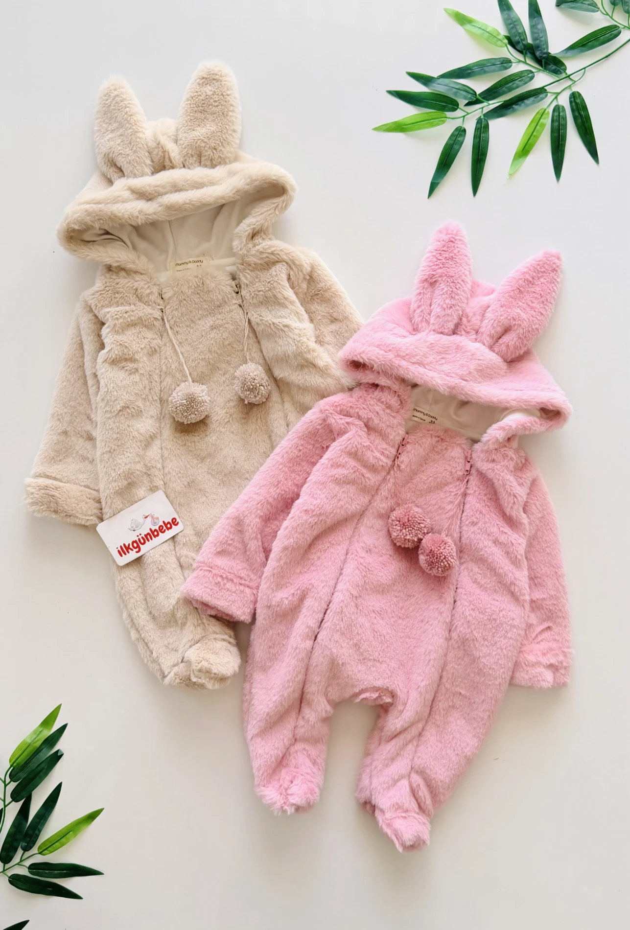 İki Fermuarlı Ponponlu Tavşan Kulak Peluş Yumuşacık Tulum