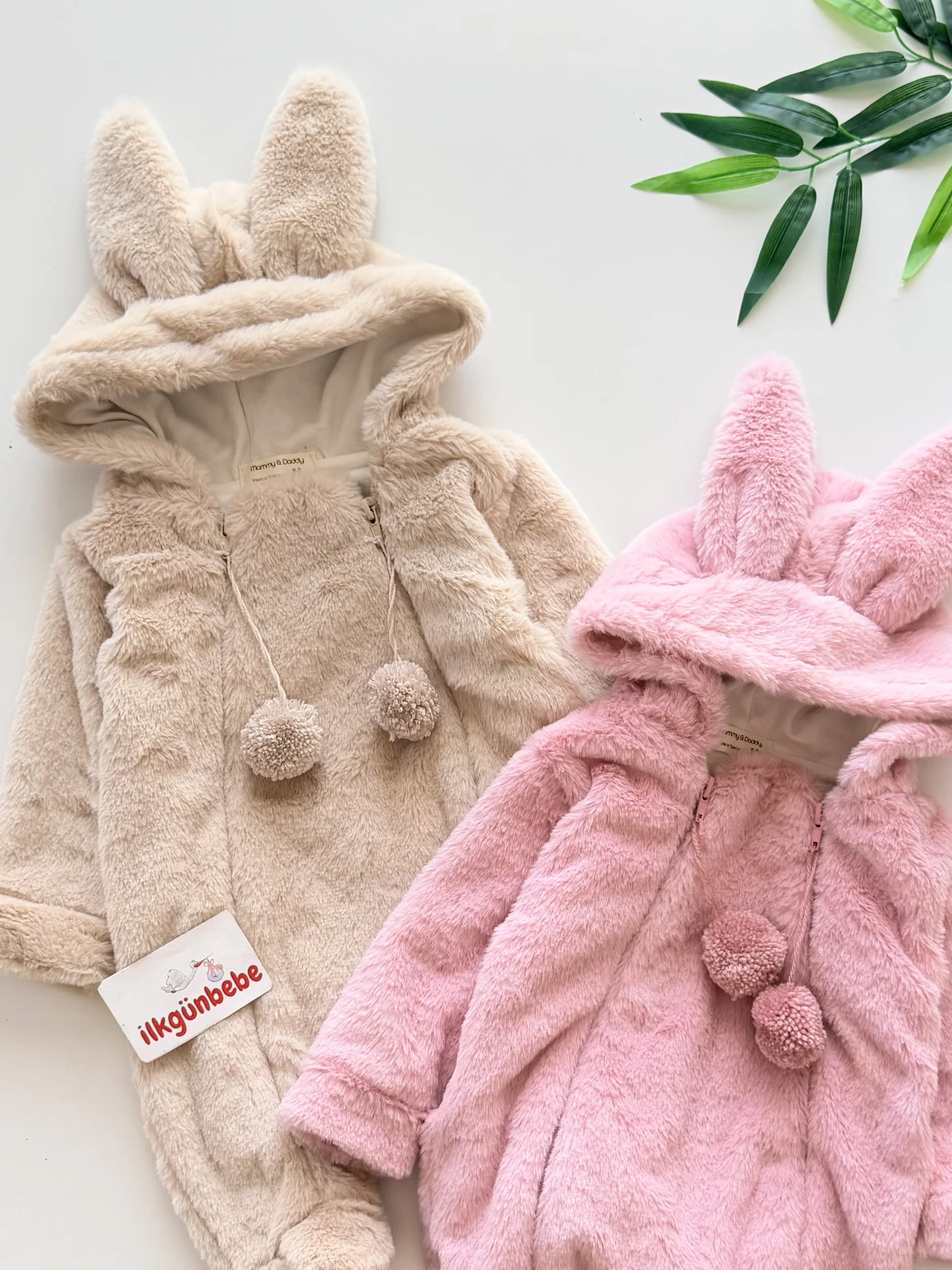 İki Fermuarlı Ponponlu Tavşan Kulak Peluş Yumuşacık Tulum