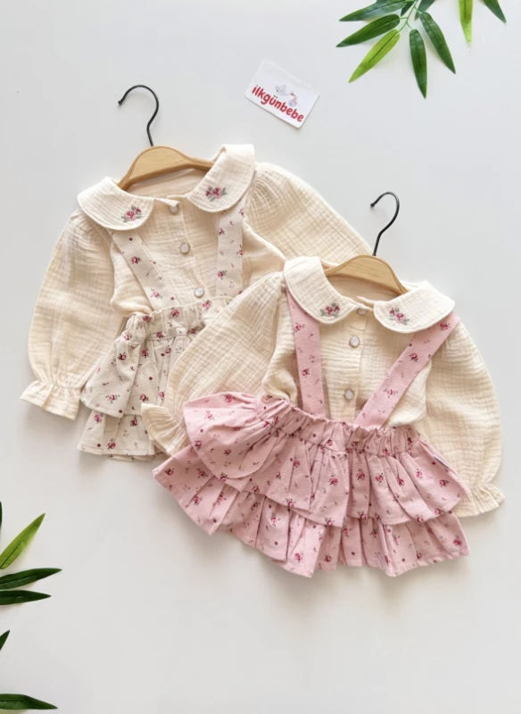 Lily Çiçek Nakışlı Katkat Etekli Müslin Gömlekli Set