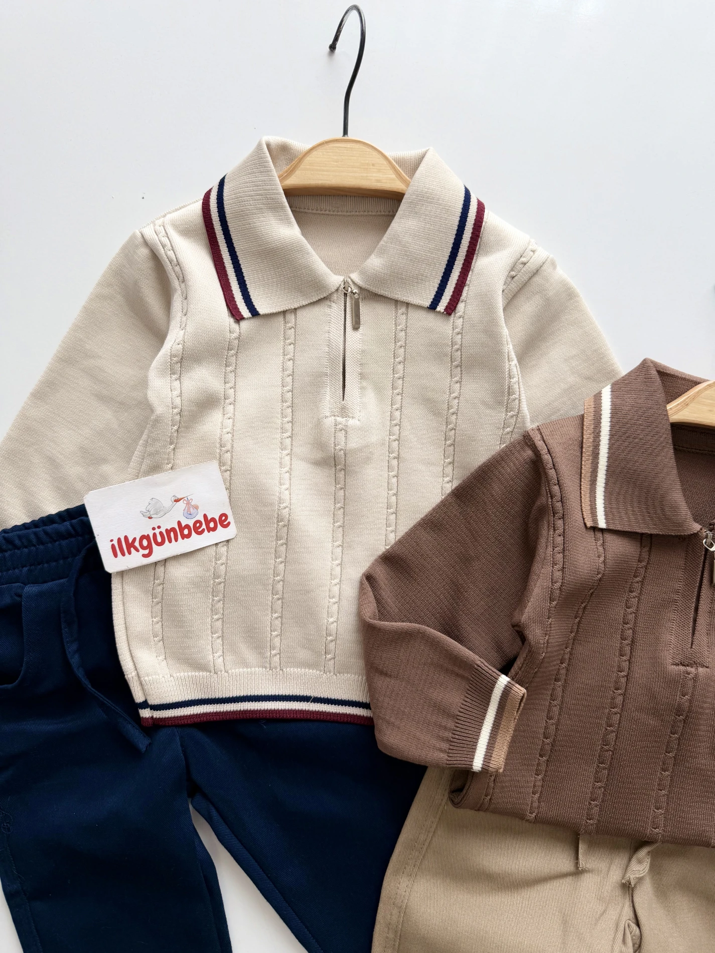 Classic Boy Polo Yaka Keten Pantalonlu Çizgili Triko Kazaklı Takım 