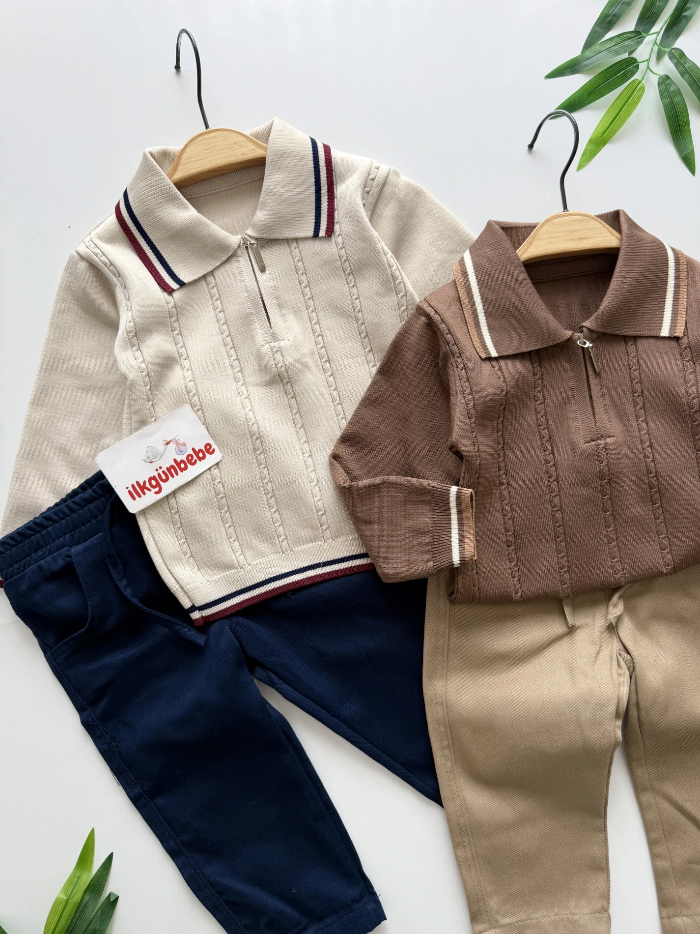 Classic Boy Polo Yaka Keten Pantalonlu Çizgili Triko Kazaklı Takım 