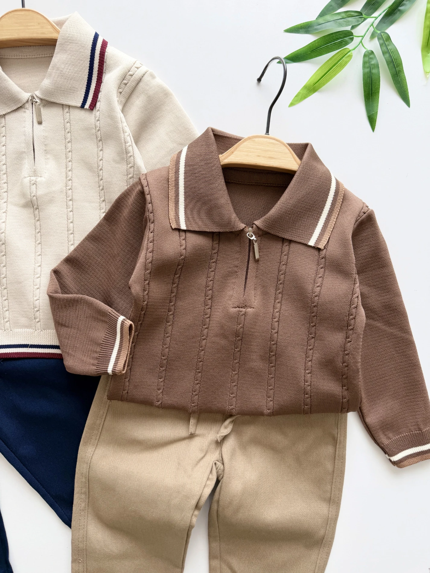 Classic Boy Polo Yaka Keten Pantalonlu Çizgili Triko Kazaklı Takım 