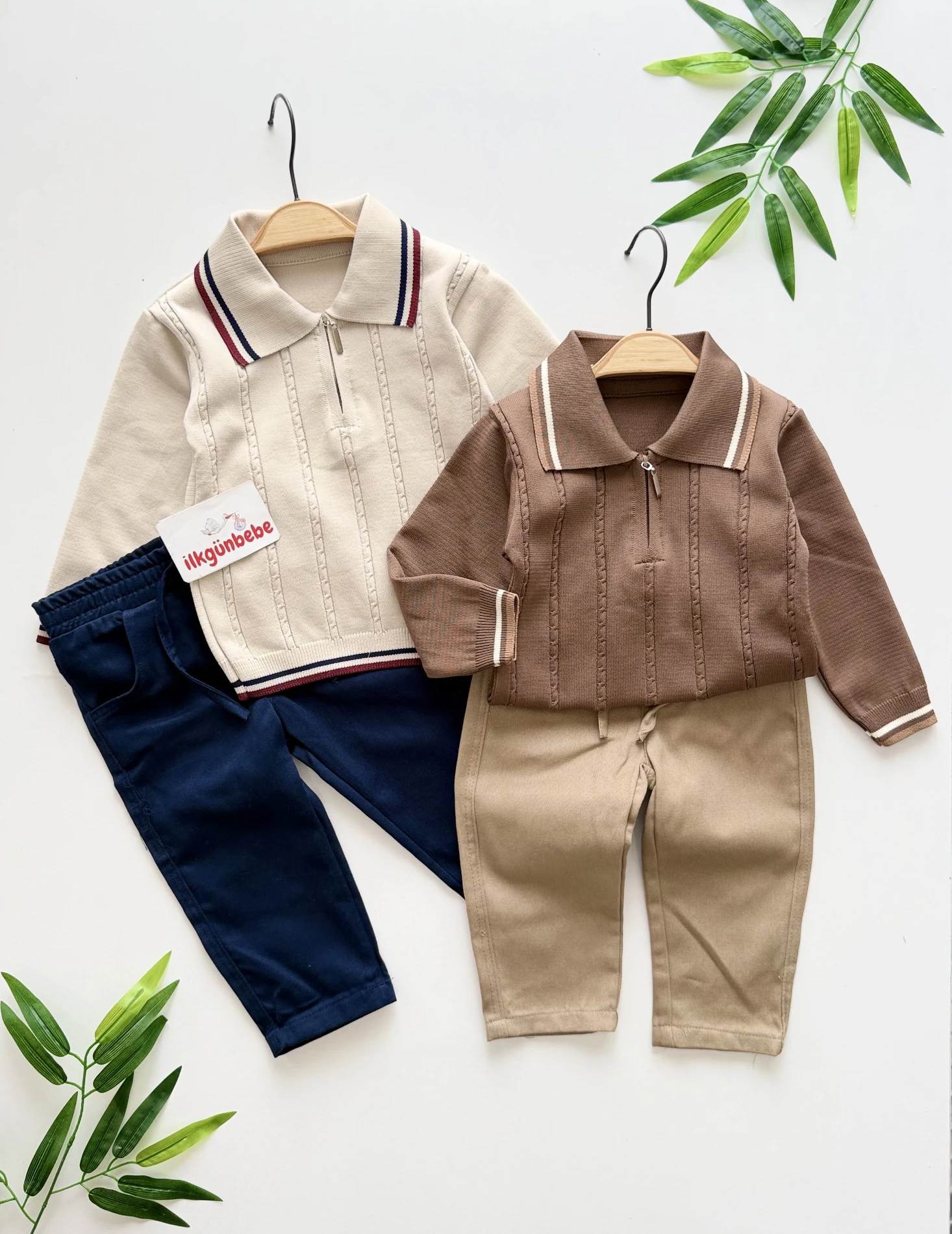 Classic Boy Polo Yaka Keten Pantalonlu Çizgili Triko Kazaklı Takım 