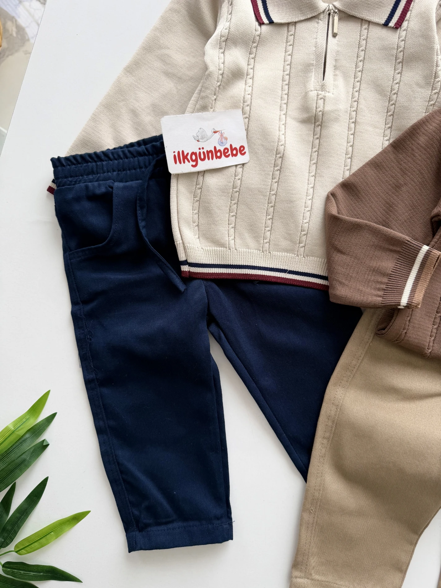Classic Boy Polo Yaka Keten Pantalonlu Çizgili Triko Kazaklı Takım 