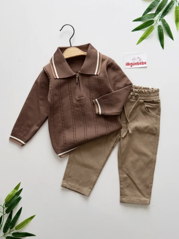 Classic Boy Polo Yaka Keten Pantalonlu Çizgili Triko Kazaklı Takım 