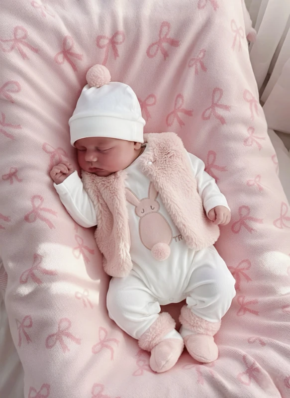 Cute Rabbit Kadife Kumaş Yelekli Ponpon Şapkalı 3’lü Set ( Somon ) 