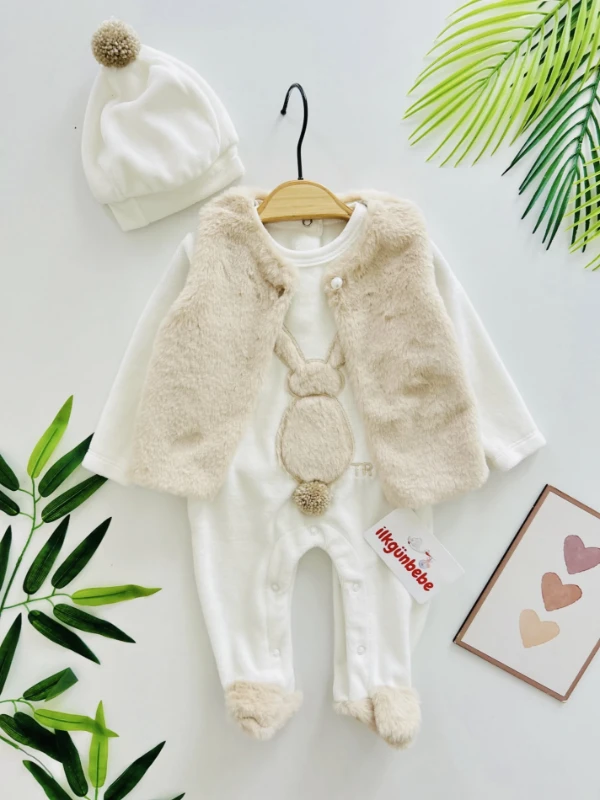 Cute Rabbit Kadife Kumaş Yelekli Ponpon Şapkalı 3’lü Set ( Pembe ) 