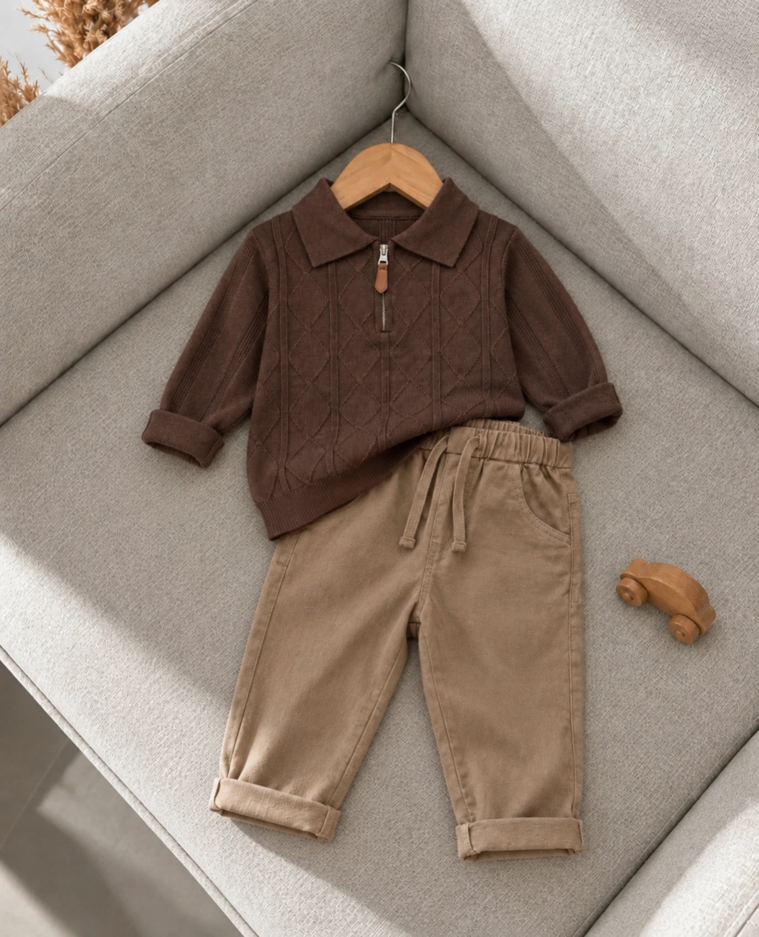 D Classic Boy Polo Yaka Keten Pantalonlu Çizgili Triko Kazaklı Takım 