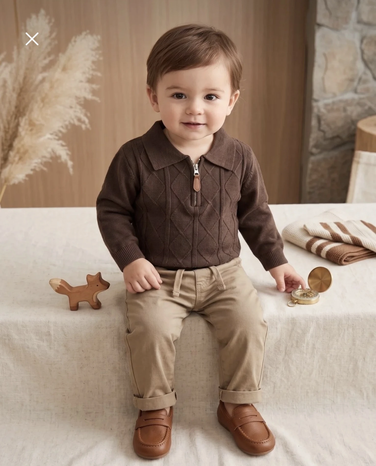 D Classic Boy Polo Yaka Keten Pantalonlu Çizgili Triko Kazaklı Takım 