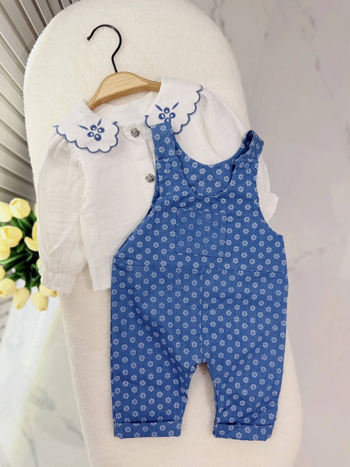 Çan Çiçeği Nakışlı Premium Kalite Gömlek Salopet Set