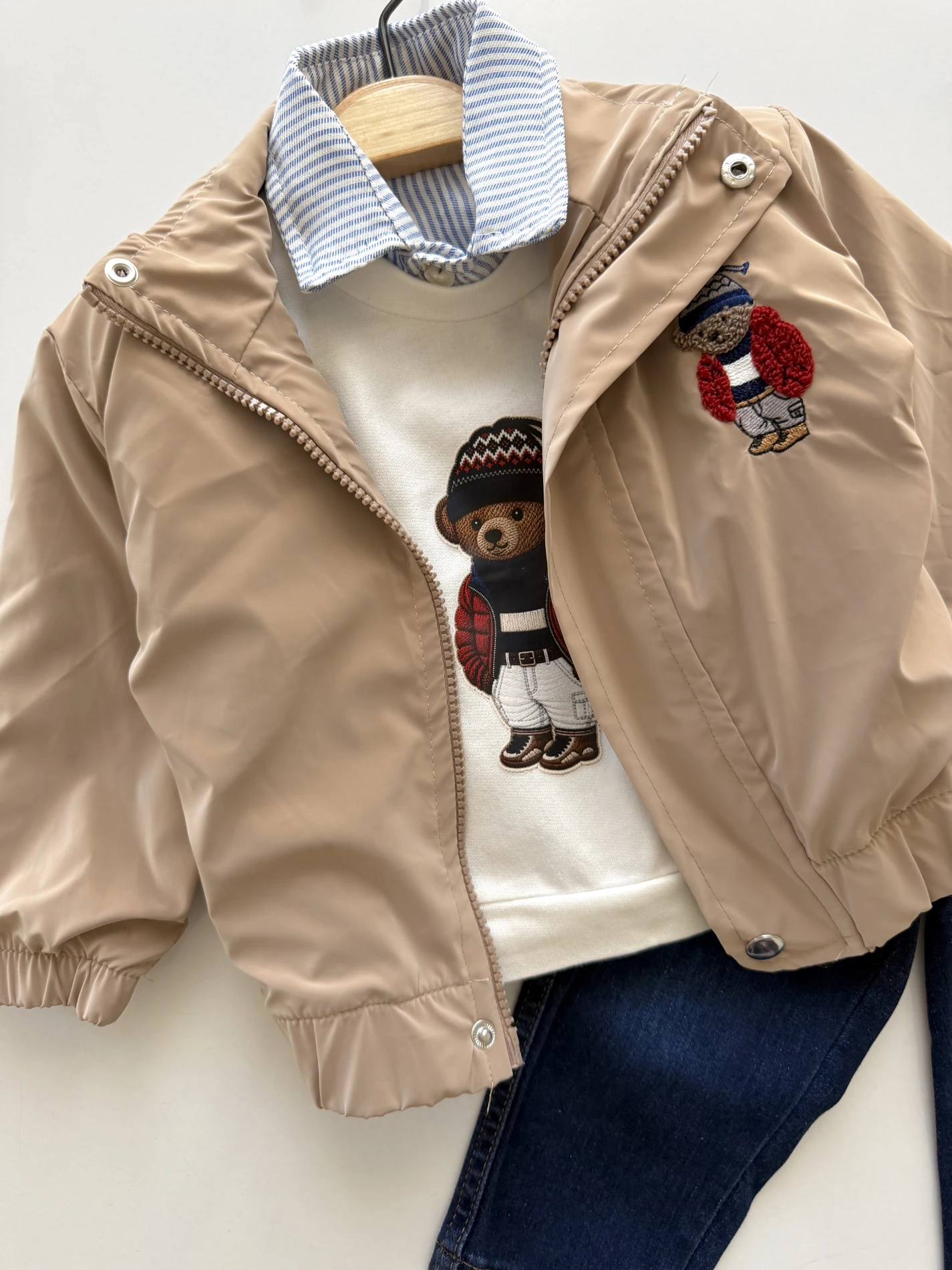 SU GEÇİRMEZ CEKETLİ Teddy Bear Nakışlı Gömlekli Sweatli Premium Kalite 3’lü Takım
