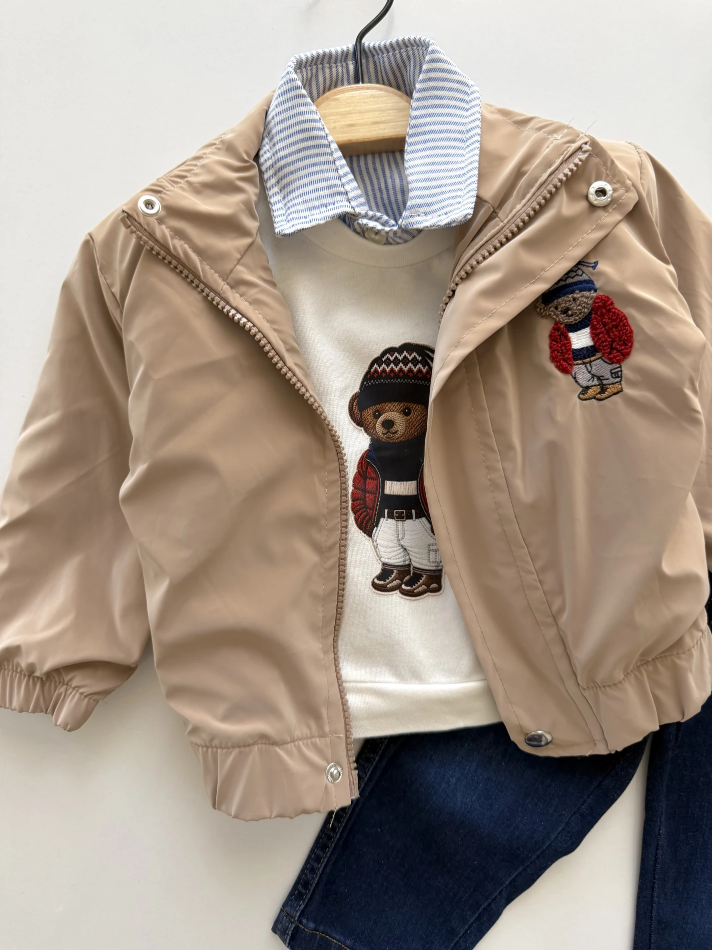 SU GEÇİRMEZ CEKETLİ Teddy Bear Nakışlı Gömlekli Sweatli Premium Kalite 3’lü Takım
