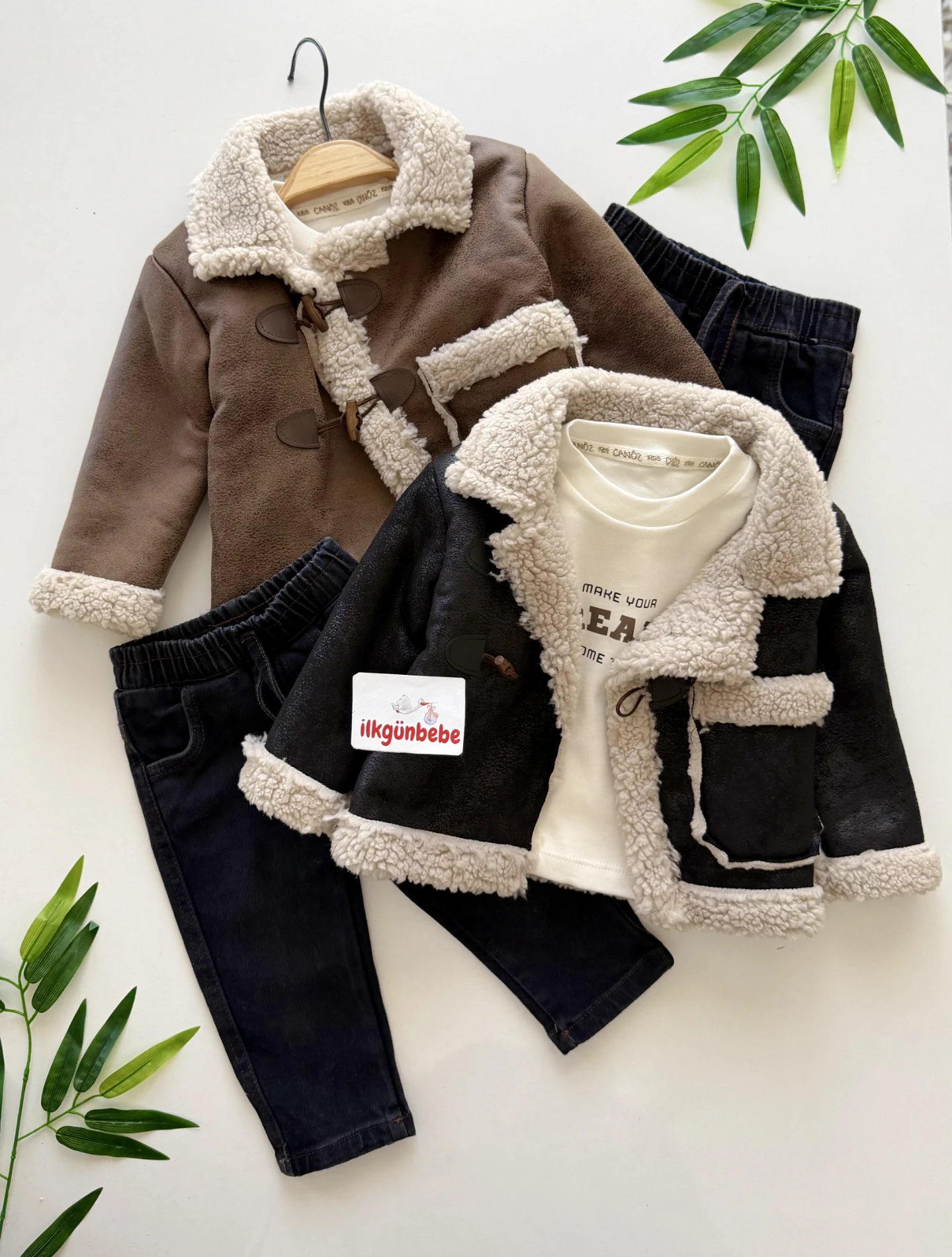Kürklü Süet Bebek Ceketi Sweatli 3’lü  Pantolon Takımı