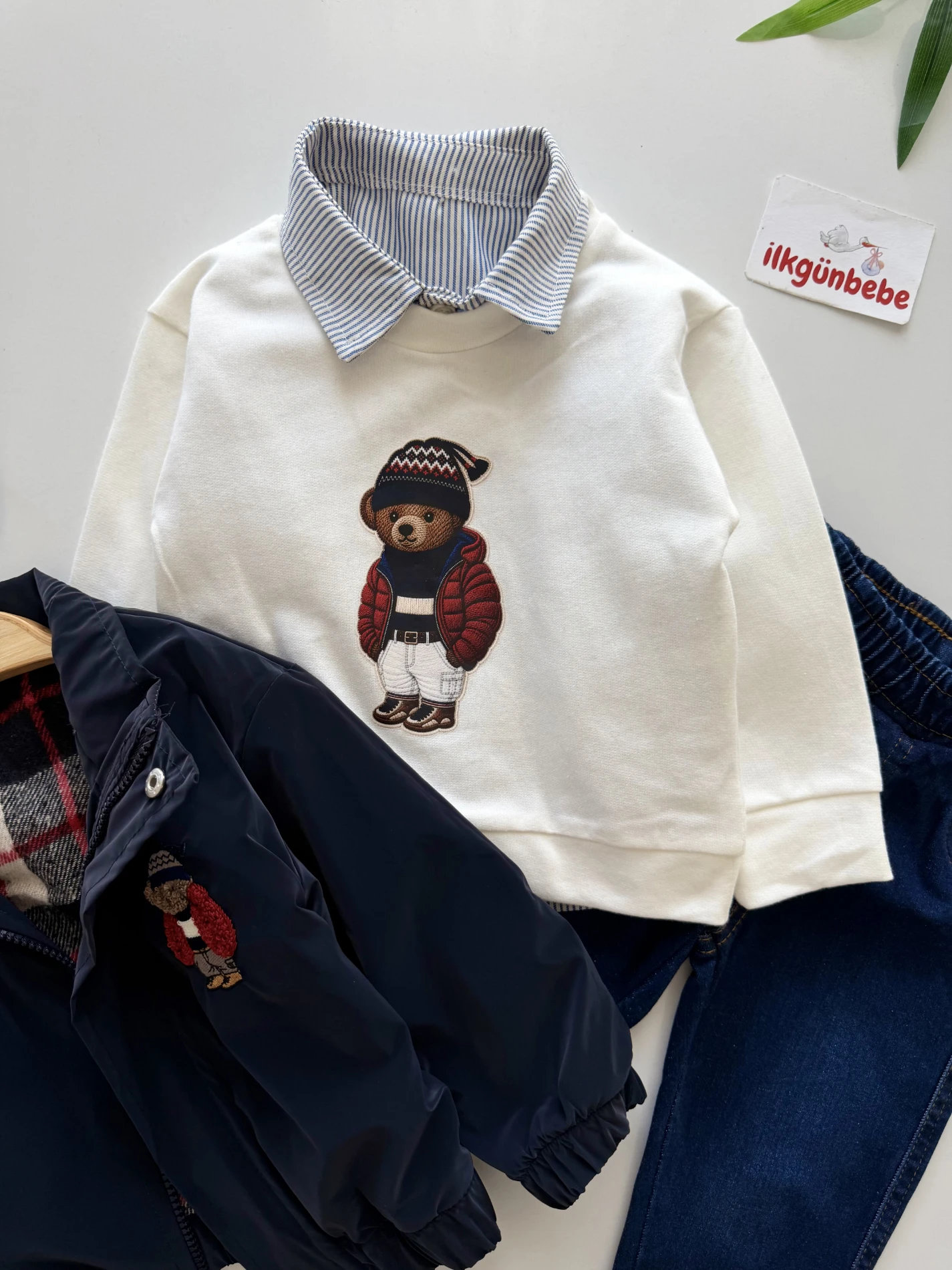 SU GEÇİRMEZ CEKETLİ Teddy Bear Nakışlı Gömlekli Sweatli Premium Kalite 3’lü Takım