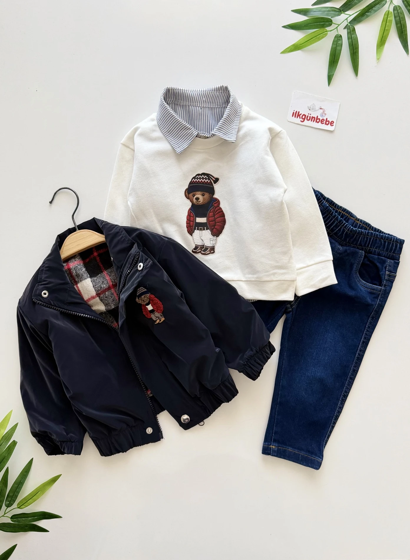 SU GEÇİRMEZ CEKETLİ Teddy Bear Nakışlı Gömlekli Sweatli Premium Kalite 3’lü Takım