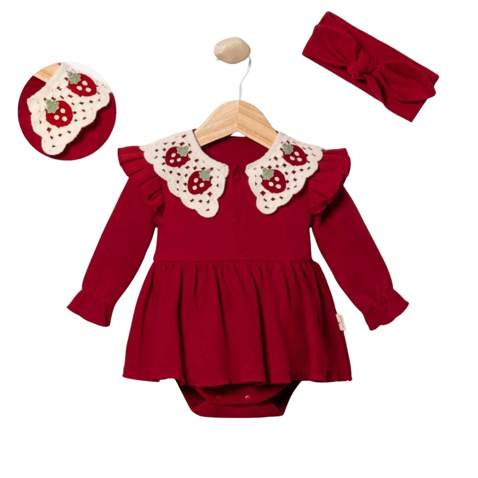 Çilek Yaka Detaylı Romper & Bandana Set