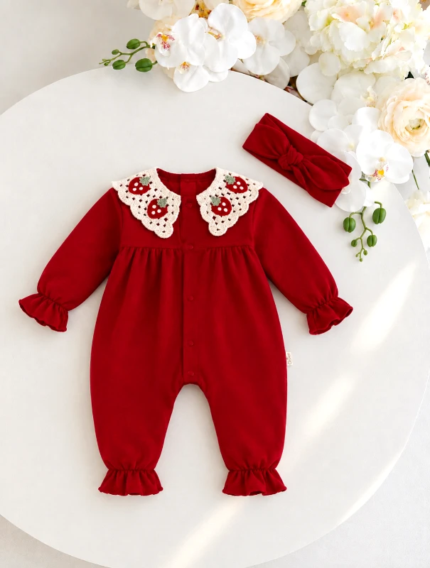 Çilek Yaka Detaylı Tulum & Bandana Set